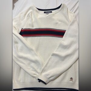 Classic Cream Crewneck Sweater with Red and Black Accents